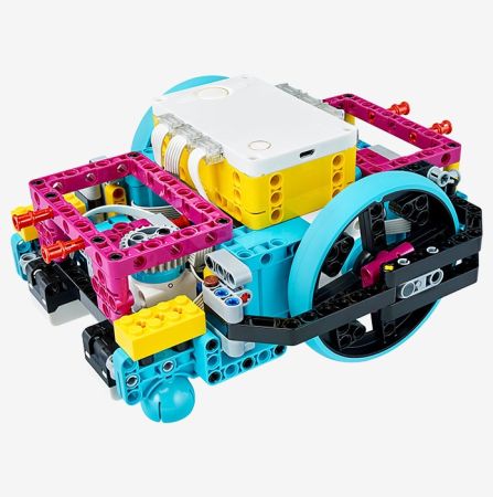 LEGO® Education SPIKE™ Prime Expansion Set (45681) with a colorful robotic model constructed from LEGO® building bricks, designed for STEAM learning, featuring 604 pieces and suitable for ages 10+.