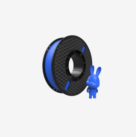 AOSeed blue PLA filament spool for 3D printers with printed blue bunny model, ideal for creative STEM education and classroom projects

