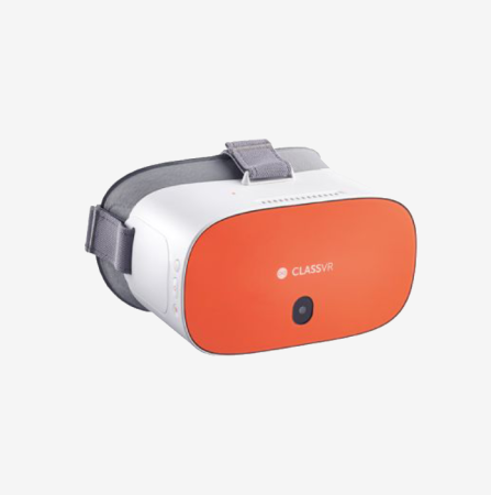 ClassVR Virtual Reality Headset (Model CVR264) - A front view of the headset with a white and orange color scheme, designed for immersive virtual reality experiences in classrooms.