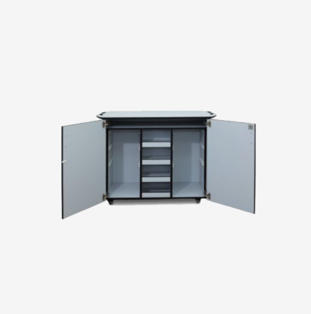  Lego Education Charging Trolley with open doors, showing shelves for storage and organization.