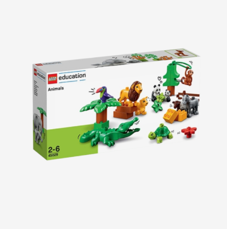 LEGO® Education Animals Learning Set 45029 featuring toy animals like pandas, tigers, and monkeys with a colorful animal habitat building playset for young learners