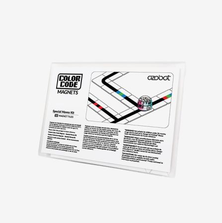 Ozobot Color Code Magnets Special Moves Kit – white rectangular pack with black track lines, colorful codes, and 18 magnetic tiles for STEM learning.
