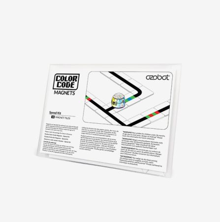 Ozobot Color Code Magnets Speed Kit – front view of a white rectangular pack featuring coding tile illustrations, color sequences, and a small educational robot, designed for STEM learning and classroom coding activities.