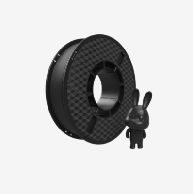 AOSeed black PLA filament spool for 3D printers with printed black bunny model, perfect for creative and educational projects
