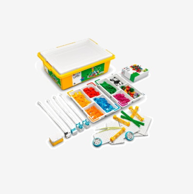 LEGO Education SPIKE Essential Set 45345, with colorful building blocks for STEM learning, including motors and wheels for creative building projects