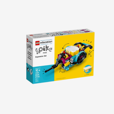 LEGO® Education SPIKE™ Prime Expansion Set (45681) with a colorful robotic model constructed from LEGO® building bricks, designed for STEAM learning, featuring 604 pieces and suitable for ages 10+.