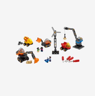 LEGO Education Tech Machines set with construction vehicles, crane, wind turbine, tools, and figurines, displayed alongside a blue storage box – ideal for early STEM learning