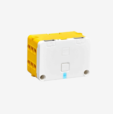 LEGO® Technic™ Small Hub 45609 with white and yellow casing, featuring a central button and multiple connection ports for robotics projects and STEM education