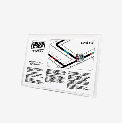 Ozobot Color Code Magnets Special Moves Kit – white rectangular pack with black track lines, colorful codes, and 18 magnetic tiles for STEM learning.
