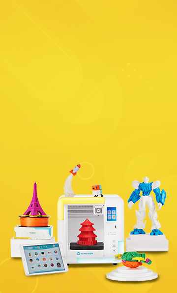 3D printer with colorful printed models and tablet for STEM learning. Shop at AtlabShopOnline.