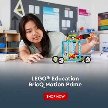 Teen student (ages 10+) building with LEGO Education BricQ Motion Prime Set for STEM learning. Shop at AtlabShopOnline 
